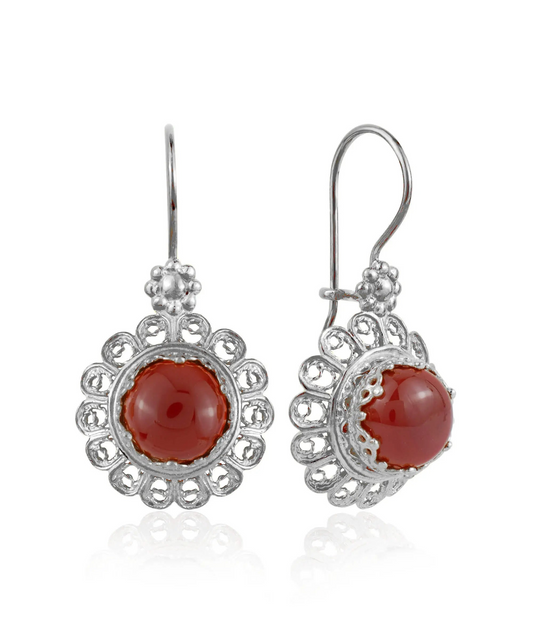 FiligranIst - Filigree Art Flower Design Carnelian Gemstone Women Silver Drop Earrings