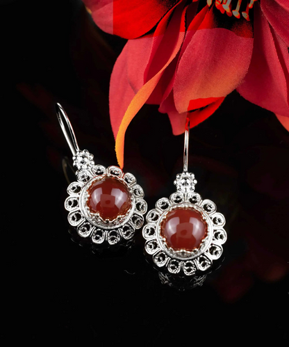 FiligranIst - Filigree Art Flower Design Carnelian Gemstone Women Silver Drop Earrings