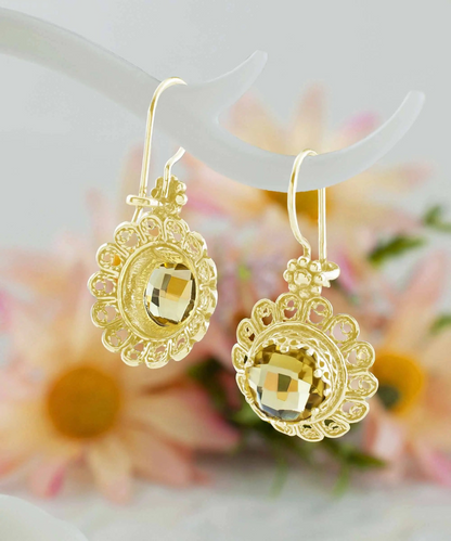 FiligranIst - Filigree Art Flower Design Gold Plated Silver Citrine Gemstone Women Drop Earrings