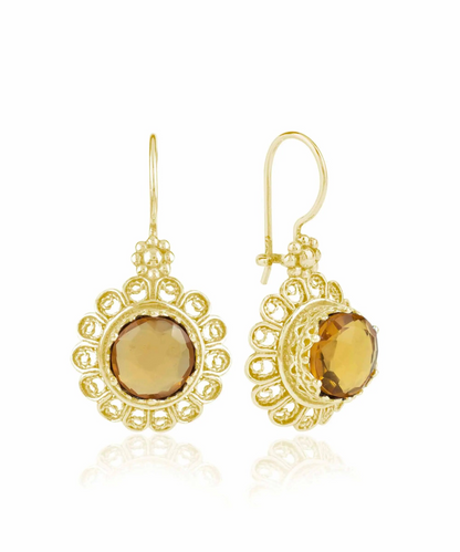 FiligranIst - Filigree Art Flower Design Gold Plated Silver Citrine Gemstone Women Drop Earrings