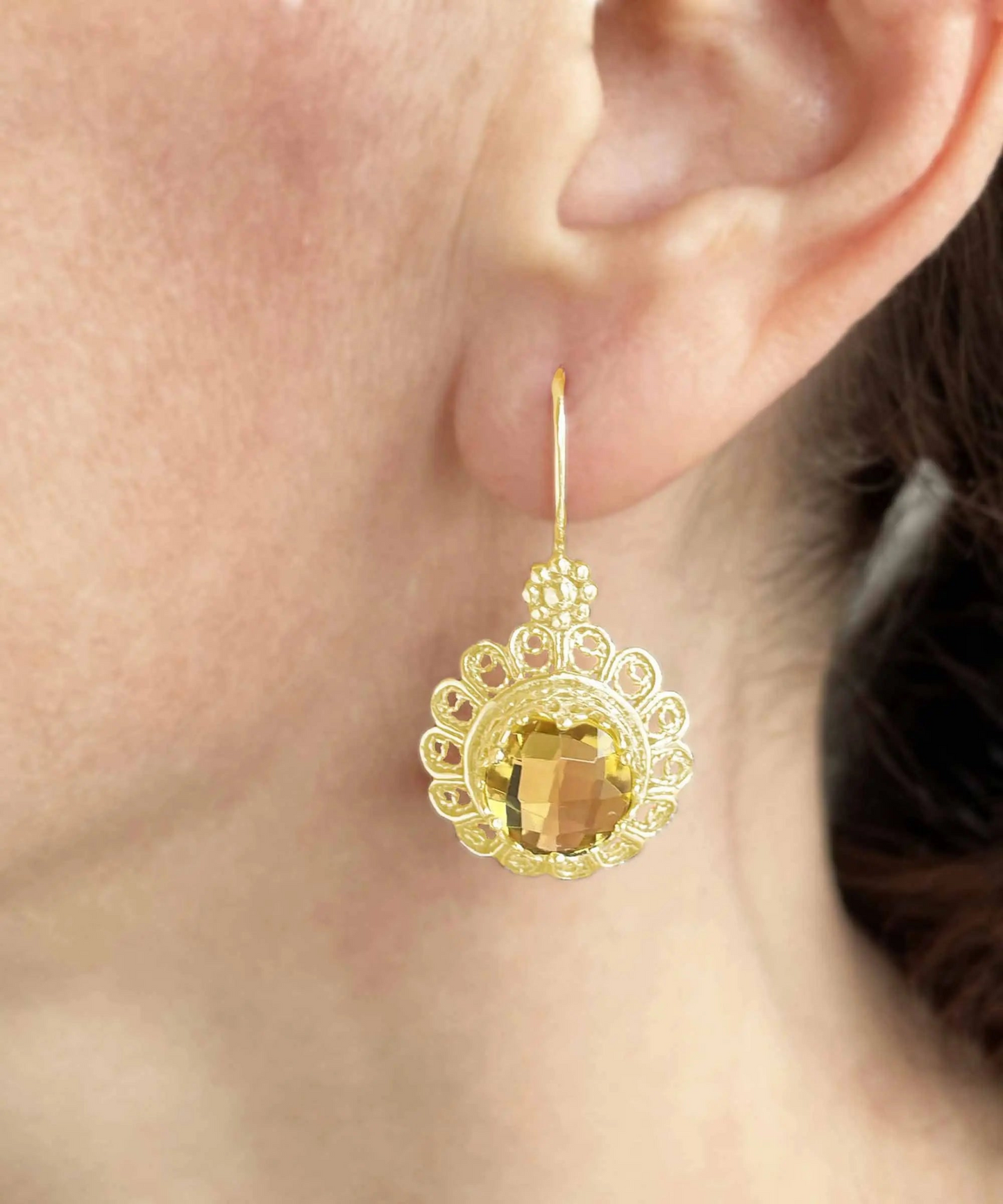 FiligranIst - Filigree Art Flower Design Gold Plated Silver Citrine Gemstone Women Drop Earrings