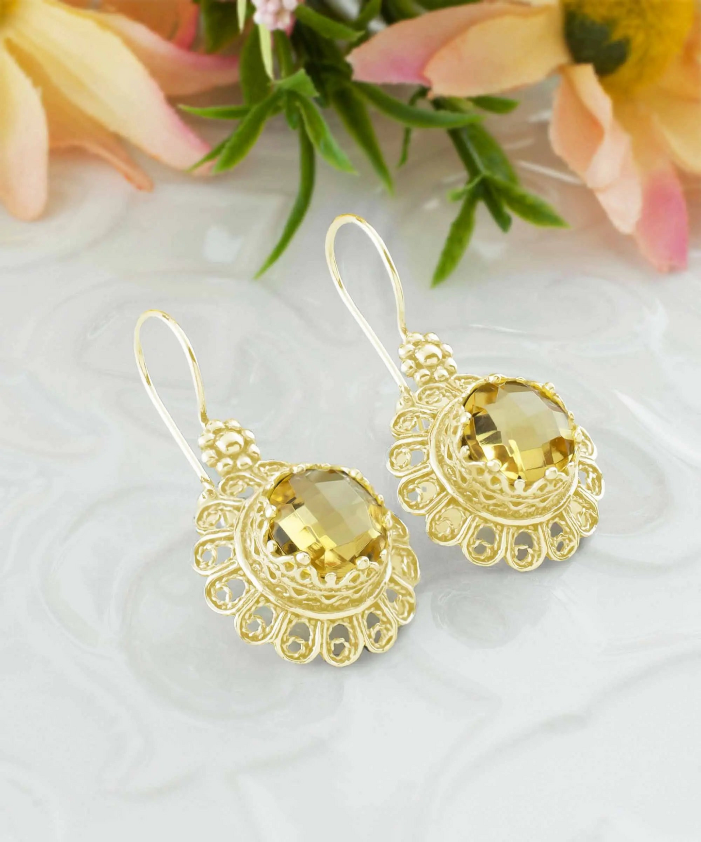 FiligranIst - Filigree Art Flower Design Gold Plated Silver Citrine Gemstone Women Drop Earrings