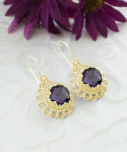 FiligranIst - Filigree Art Flower Design Gold Plated Silver Amethyst Gemstone Women Drop Earrings