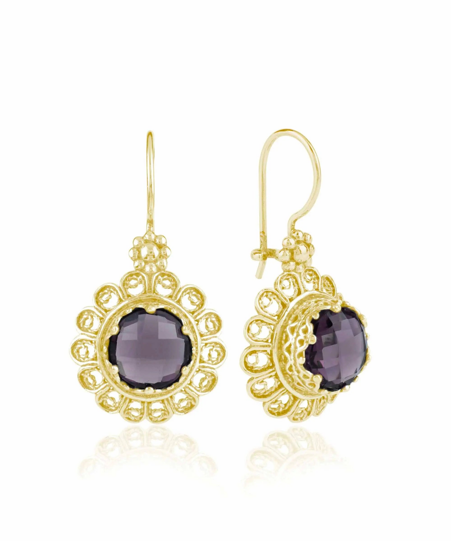 FiligranIst - Filigree Art Flower Design Gold Plated Silver Amethyst Gemstone Women Drop Earrings