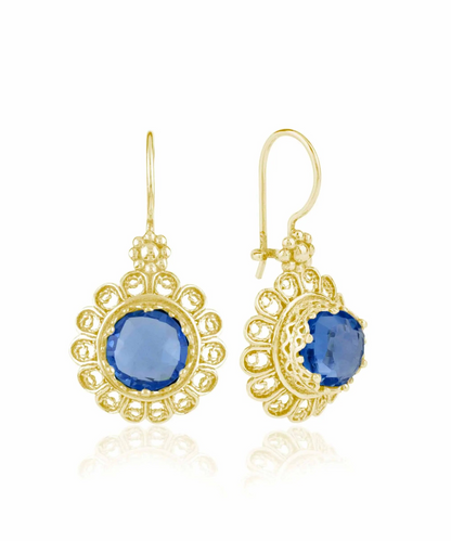 FiligranIst - Filigree Art Flower Design Gold Plated Silver Blue Quartz Gemstone Women Drop Earrings