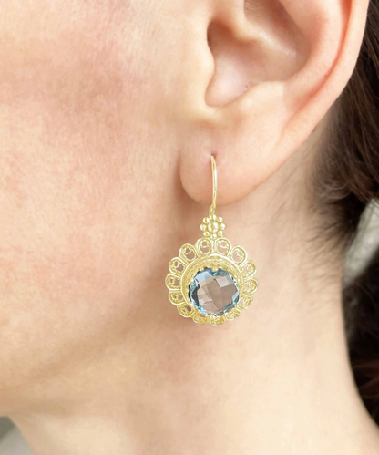 FiligranIst - Filigree Art Flower Design Gold Plated Silver Blue Topaz Gemstone Women Drop Earrings