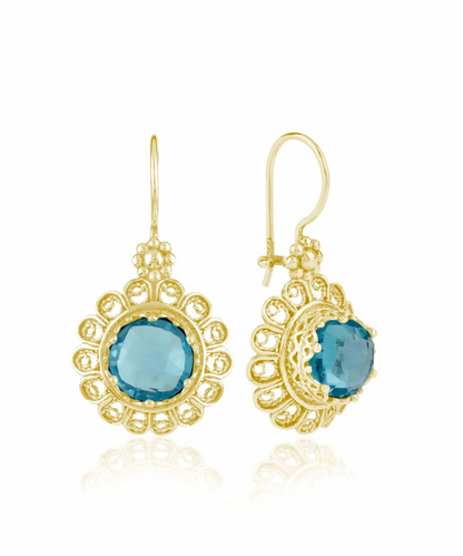 FiligranIst - Filigree Art Flower Design Gold Plated Silver Blue Topaz Gemstone Women Drop Earrings