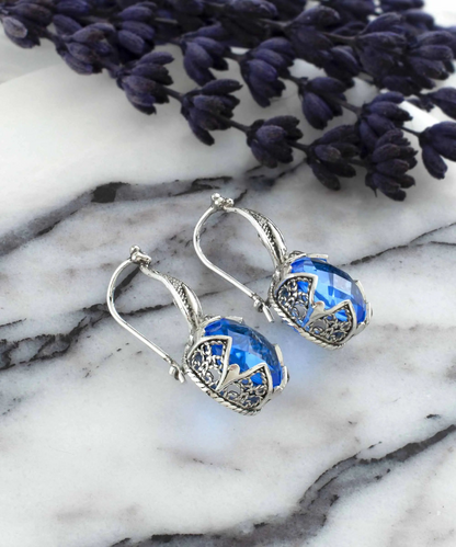 FiligranIst -  Filigree Flower Design Blue Quartz Sterling Silver Dangle Earrings