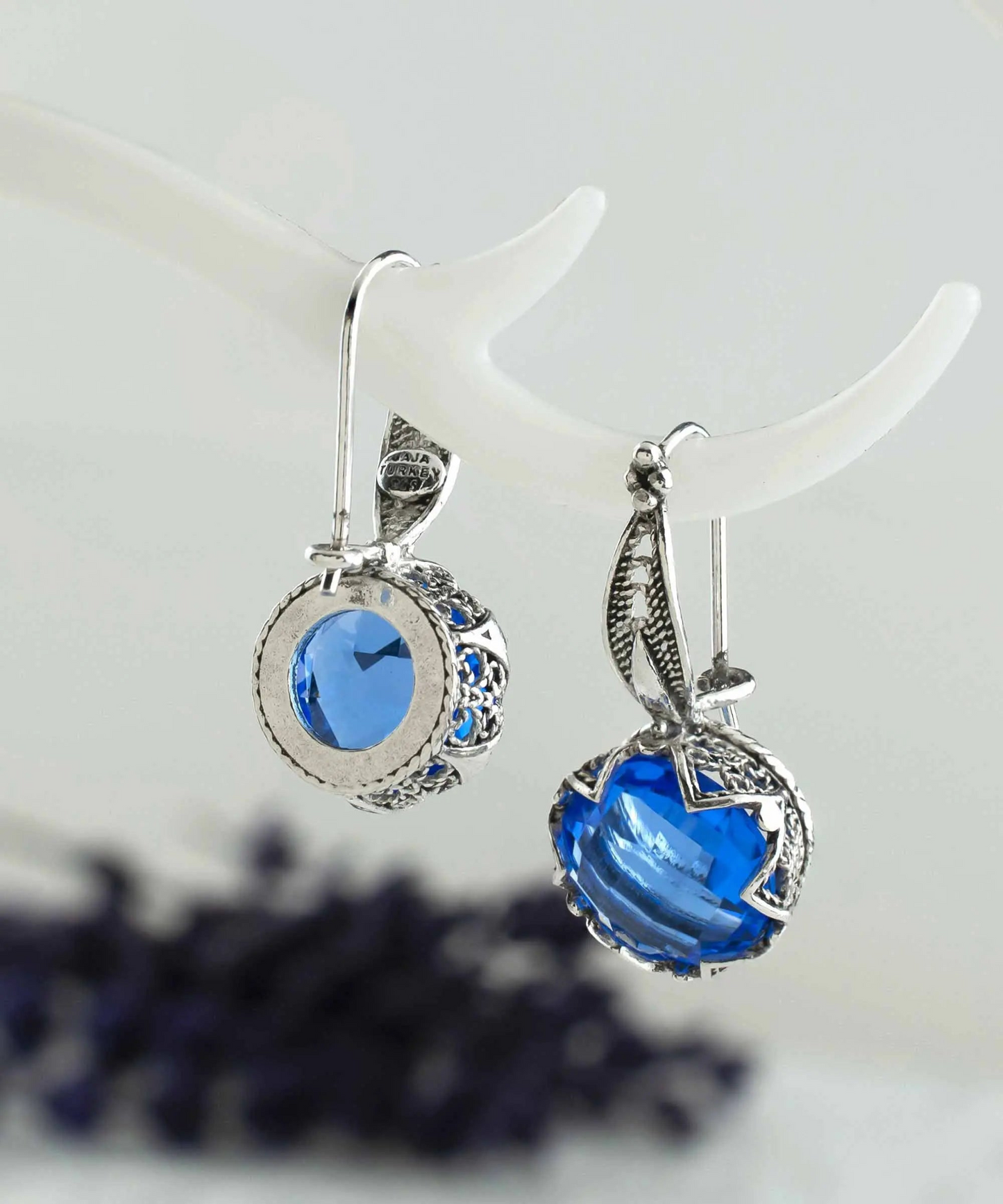 FiligranIst -  Filigree Flower Design Blue Quartz Sterling Silver Dangle Earrings