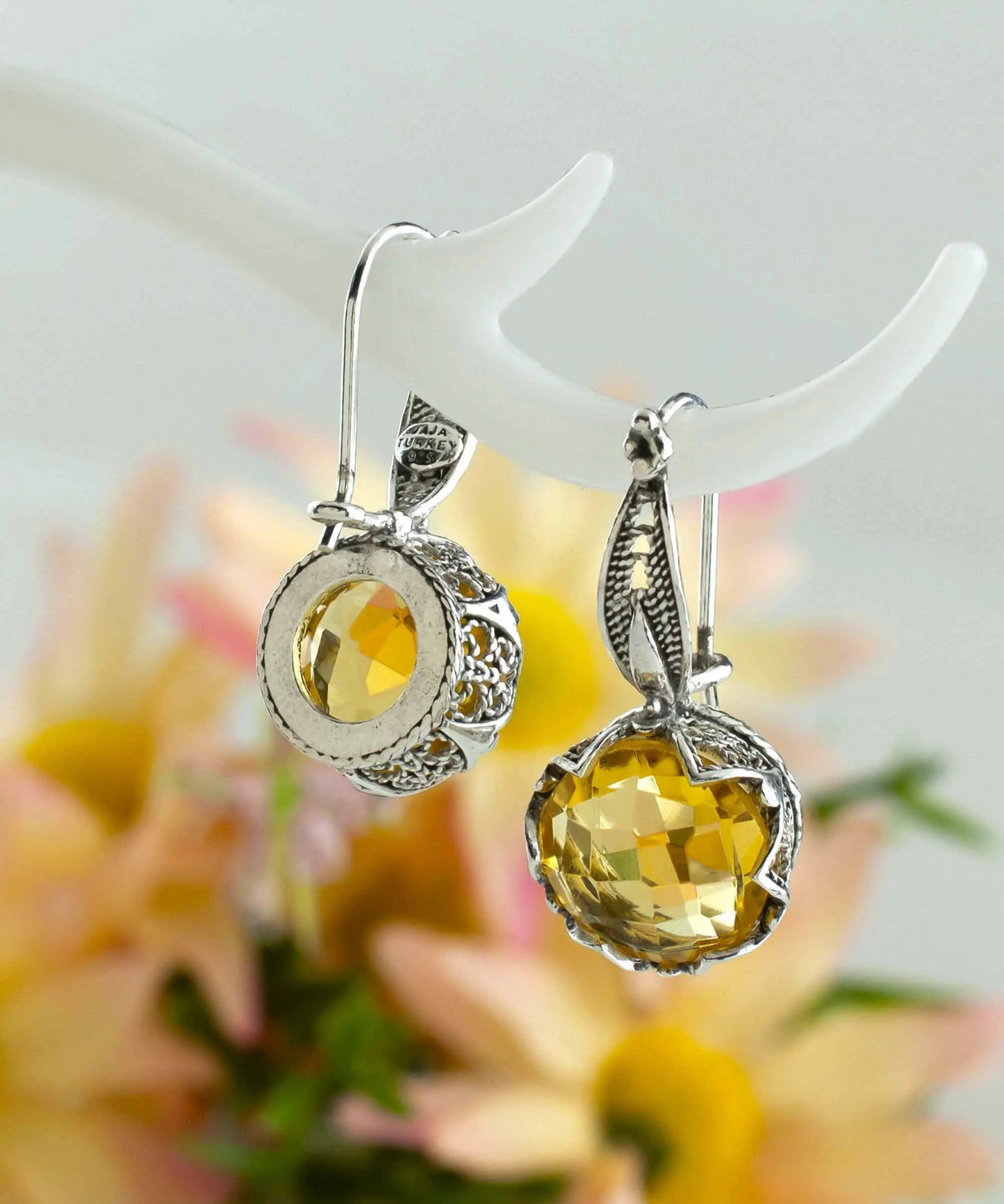 FiligranIst - Intricate Filigree Flower Motif Citrine Gemstone Sterling Silver Woman Drop Earrings