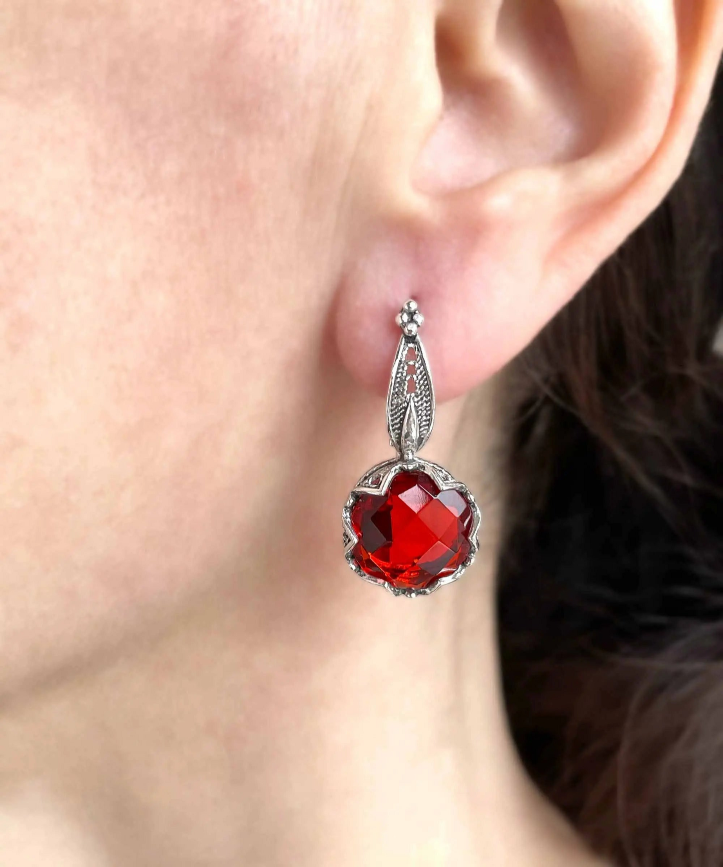 FiligranIst - Filigree Flower Motif Ruby Gemstone Sterling Silver Woman Drop Earrings