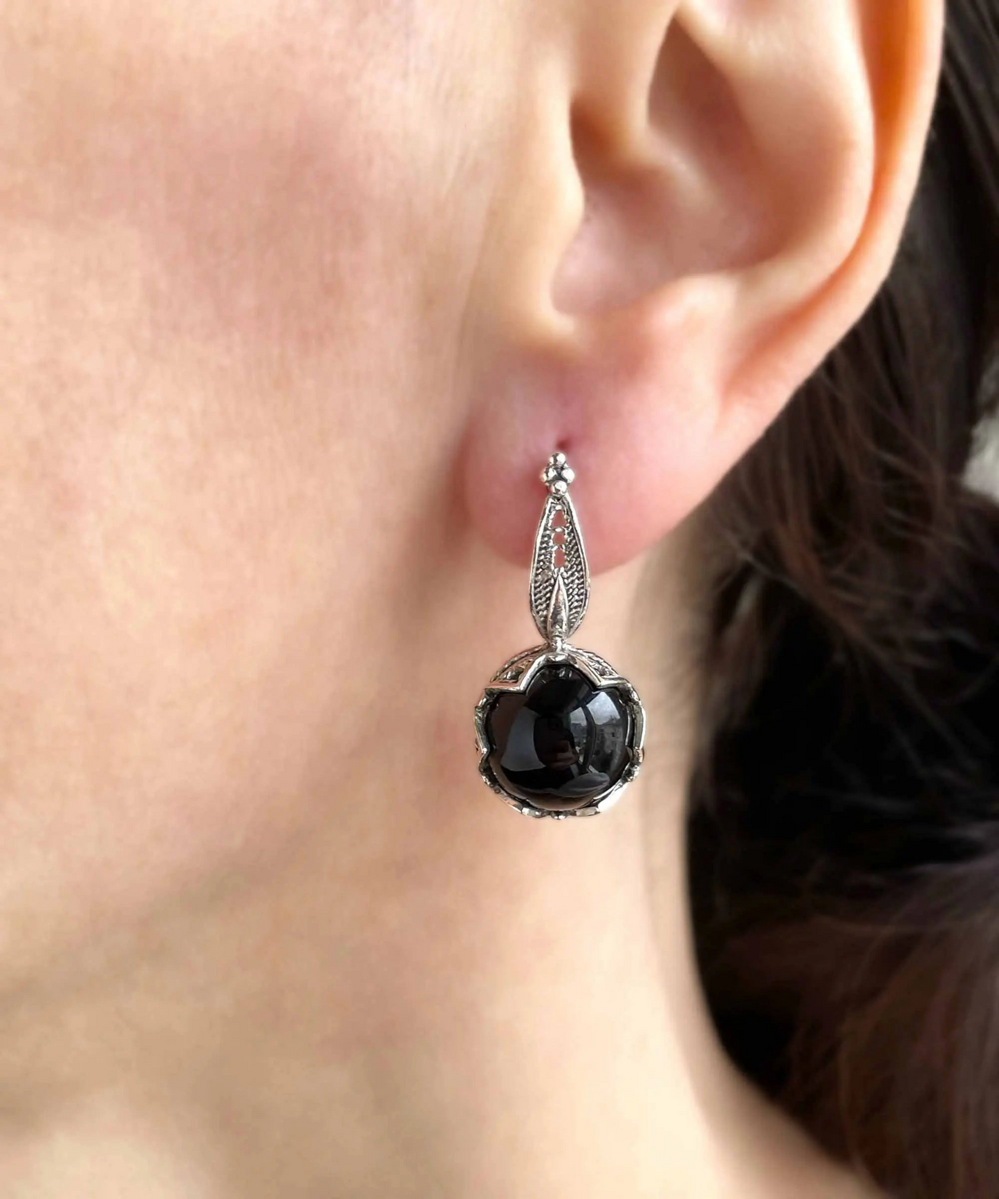 FiligranIst - Onyx Gemstone Sterling Silver Woman Drop Earrings