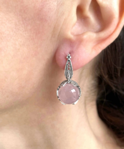 FiligranIst - Graceful Filigree Leaf Pattern Rose Quartz Sterling Silver Drop Earrings