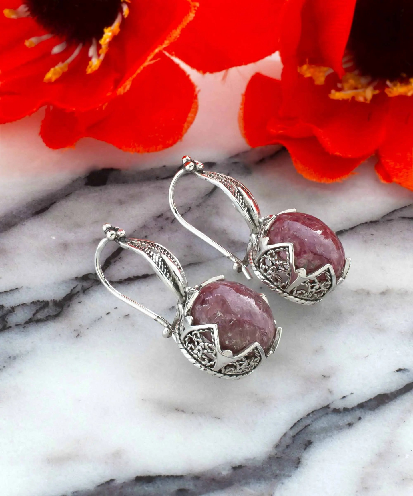 FiligranIst - Elegant Filigree Rhodonite Sterling Silver Woman Drop Earrings