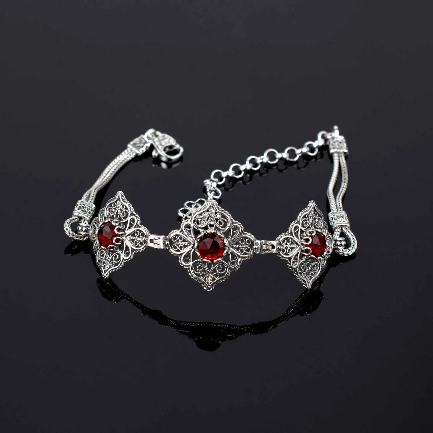 FiligranIst - Filigree Art Sterling Silver Ruby Gemstone Woman Adjustable Link Bracelet