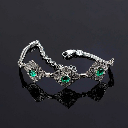 FiligranIst - Filigree Art Sterling Silver Emerald Gemstone Woman Adjustable Link Bracelet