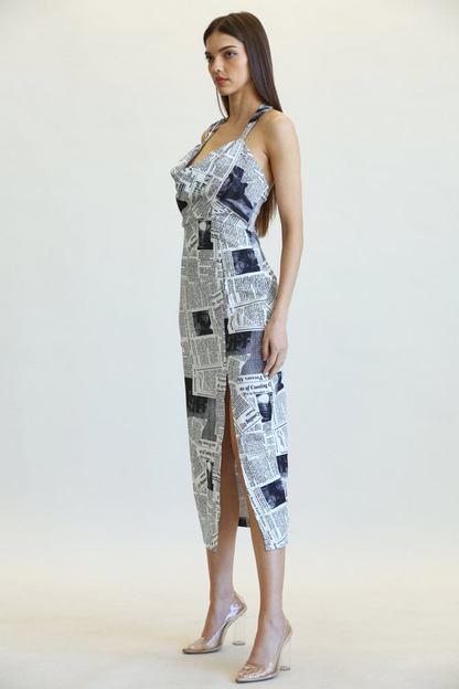 Elsie - Premium Newspaper Print Pattern Dress