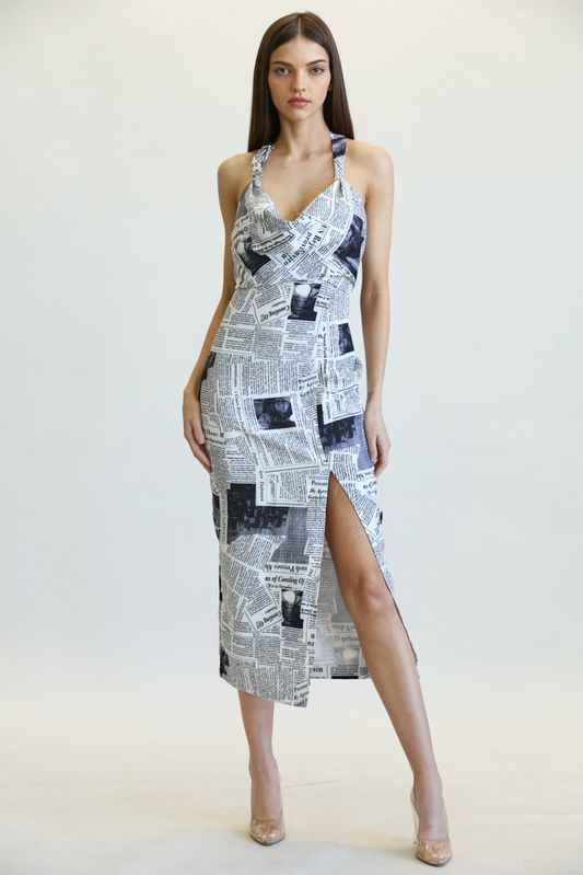 Elsie - Premium Newspaper Print Pattern Dress