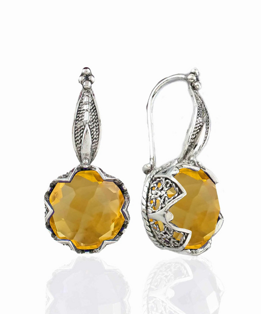 FiligranIst - Intricate Filigree Flower Motif Citrine Gemstone Sterling Silver Woman Drop Earrings