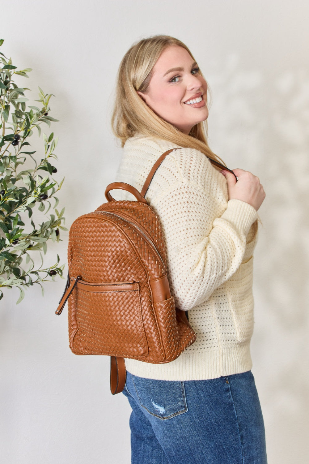 SHOMICO Medium Woven PU Leather Backpack