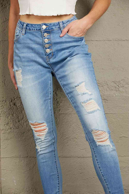 Baeful Button Front Frayed Ankle Skinny Jeans