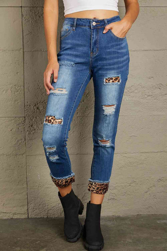 Baeful Leopard Patch Distressed Cropped Jeans