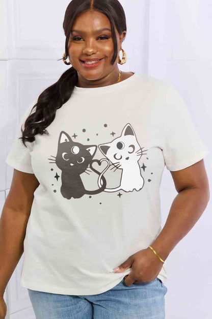 Camiseta de algodón con estampado de gatos de tamaño completo de Simply Love