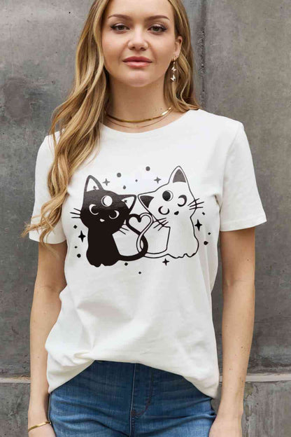 Camiseta de algodón con estampado de gatos de tamaño completo de Simply Love