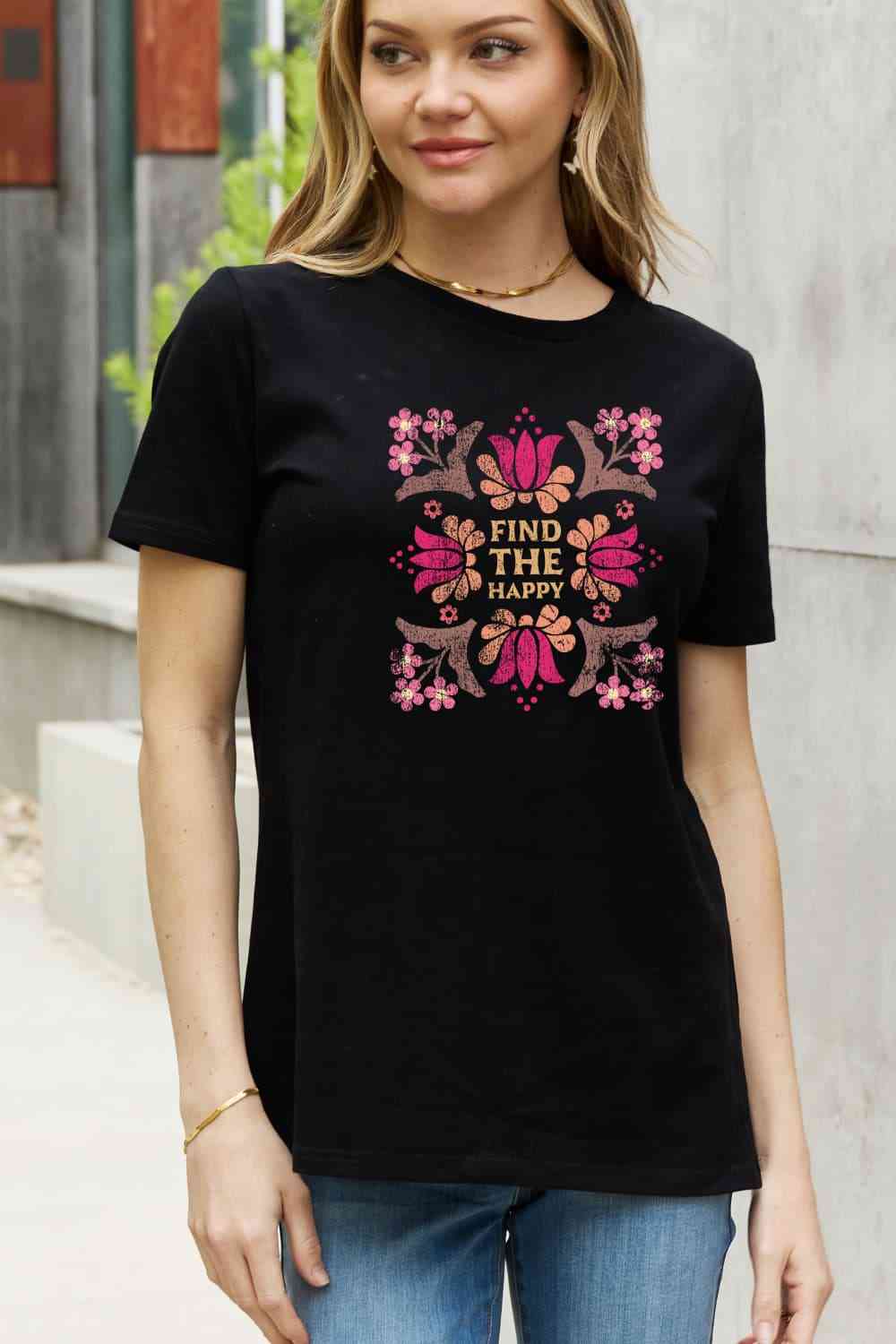 Camiseta de algodón con gráfico FIND THE HAPPY de tamaño completo de Simply Love