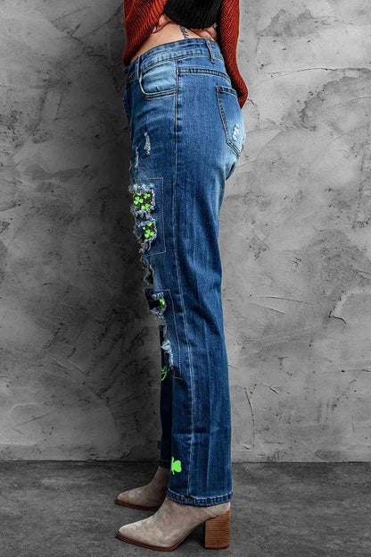 Baeful Printed Patch Distressed Boyfriend Jeans