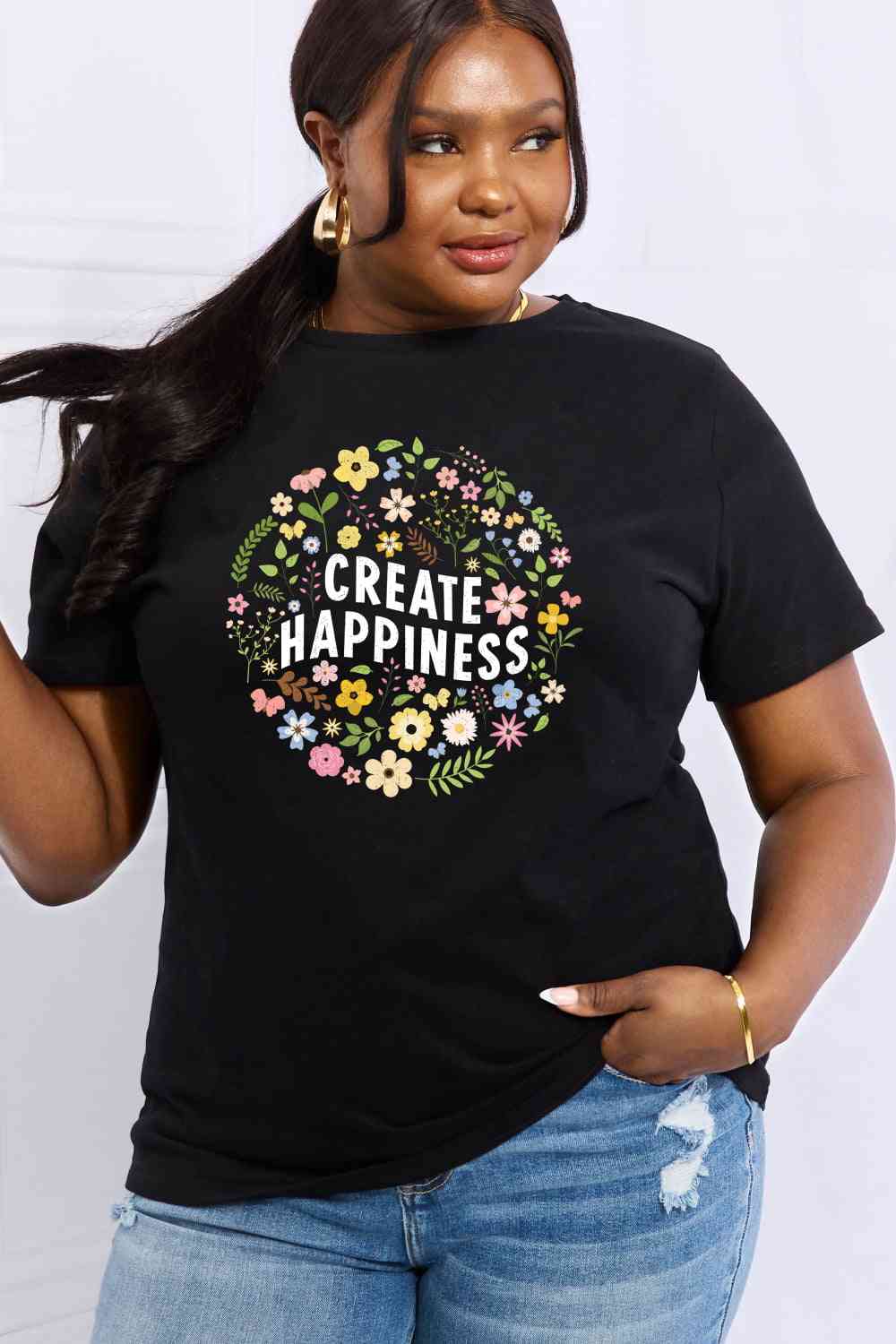 Camiseta de algodón con estampado CREATE HAPPINESS de tamaño completo de Simply Love