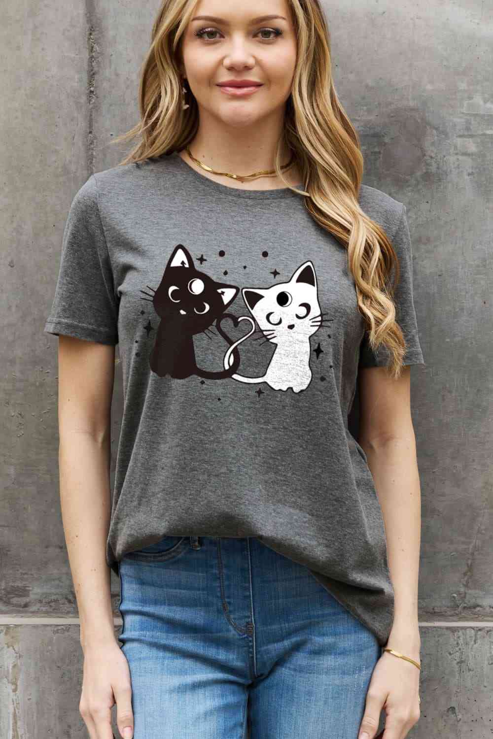 Camiseta de algodón con estampado de gatos de tamaño completo de Simply Love