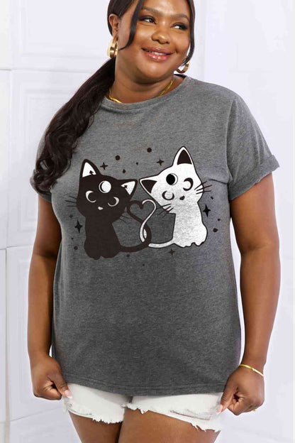 Camiseta de algodón con estampado de gatos de tamaño completo de Simply Love